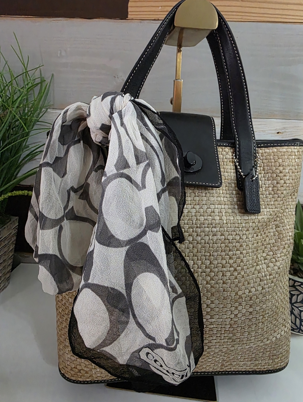 Coach Black and Tan Woven Tote Bag & Coach Scarf - Picture 9 of 15